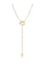 Load image into Gallery viewer, Allah Diamond Rosary Necklace in 18kt Yellow Gold & Pink Quartz