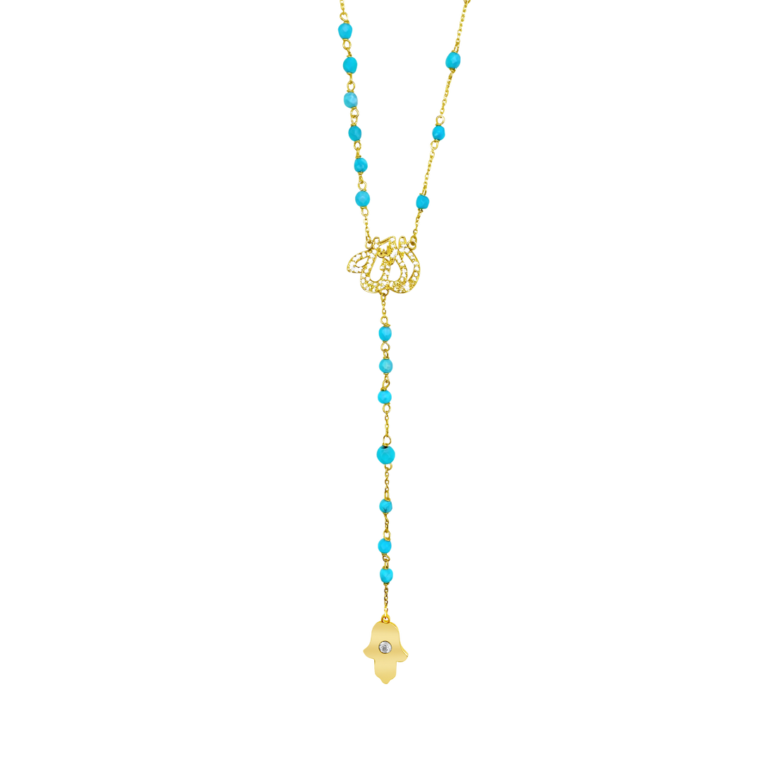 Allah Diamond Rosary Necklace in 18kt Yellow Gold & Turquoise
