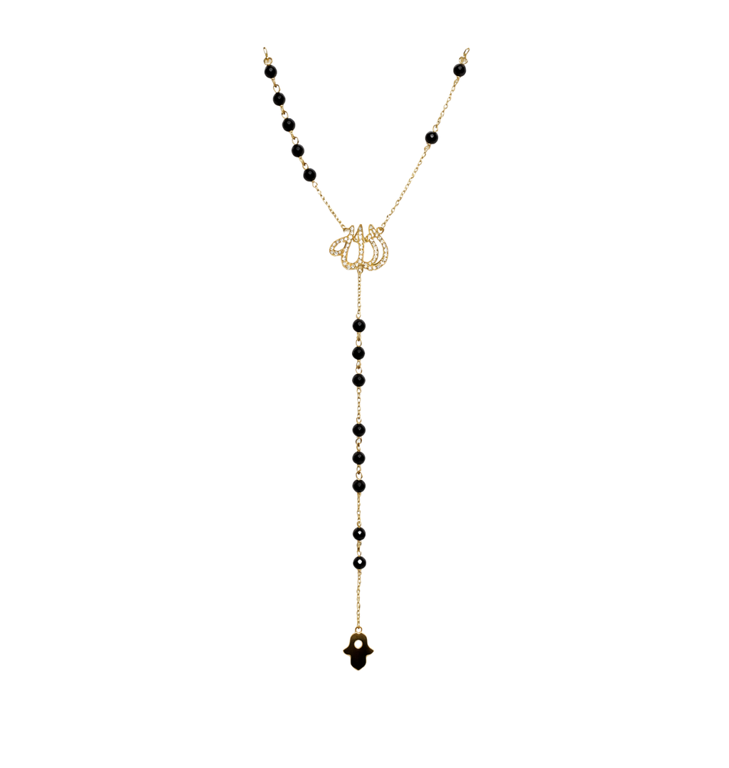 Allah Diamond Rosary Necklace in 18kt Yellow Gold & Black Onyx Beads