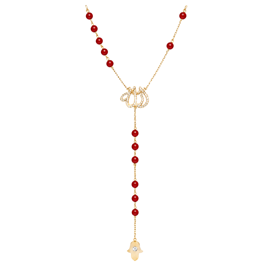 Allah Diamond Rosary Necklace in 18kt Yellow Gold & Red Beads