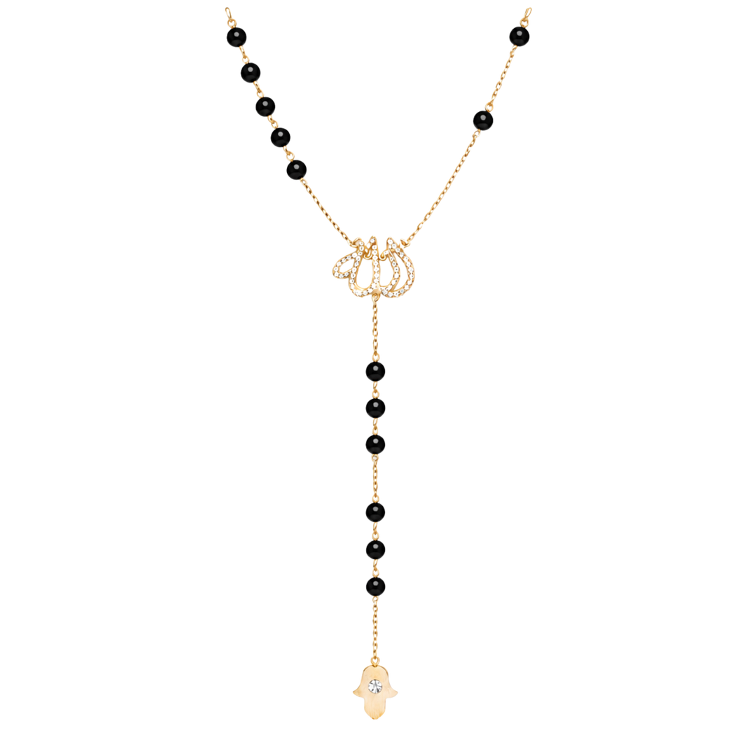 Allah Diamond Rosary Necklace in 18kt Yellow Gold & Black Onyx Beads