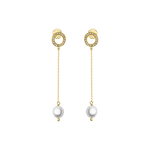 Load image into Gallery viewer, Gold earrings with pearl drops on a white background