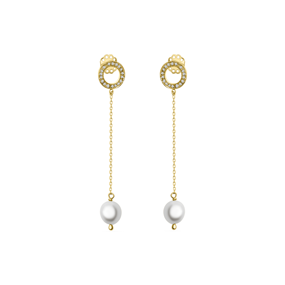 Gold earrings with pearl drops on a white background
